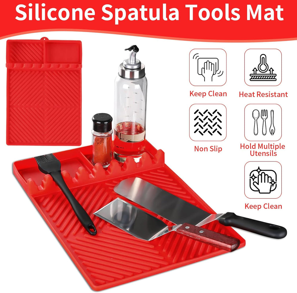 Griddle Mat Barbeque Grill Accessories Tools for Blackstone, Side Shelf Mat Grill Pad for Outdoor Grill Kitchen Counter Spatula Silicone Mat with Drip Pad for Kitchen, Cooking, Countertop (Red)