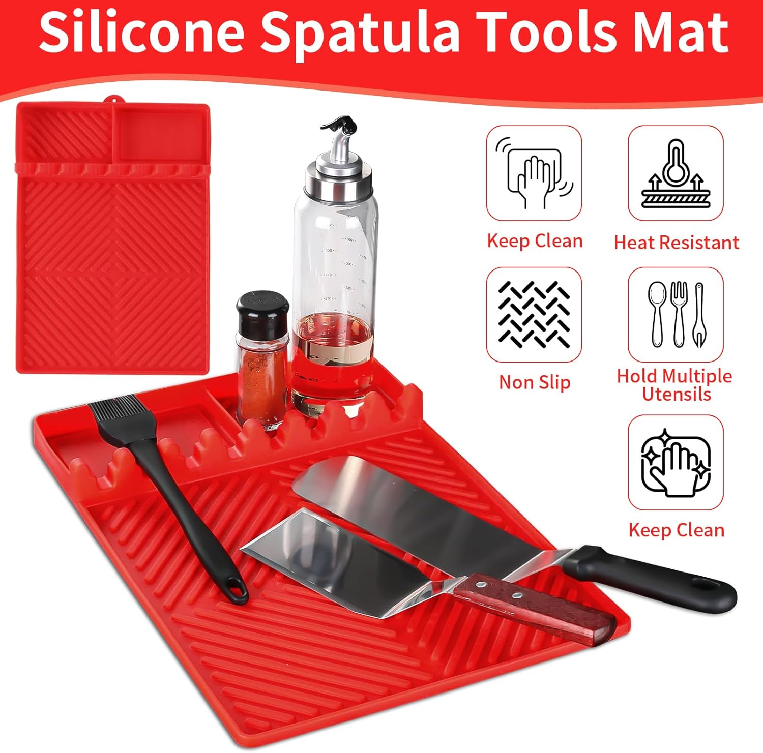 Griddle Mat Barbeque Grill Accessories Tools for Blackstone, Side Shelf Mat Grill Pad for Outdoor Grill Kitchen Counter Spatula Silicone Mat with Drip Pad for Kitchen, Cooking, Countertop (Red)