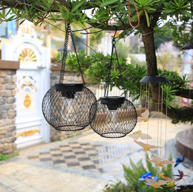 Solar Lantern Outdoor, Upgraded Hanging Lights Outdoor Garden Metal Lanterns Decorative Lighting Powered Waterproof Tree for Yard Patio Pathway, 2 Pack, Black