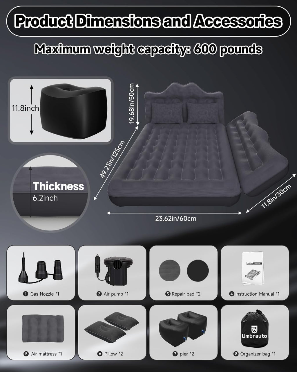 Umbrauto 23.62in/60cm Wide Inflatable Truck Mattress Car & SUV Back Seat Camping Bed with Pump