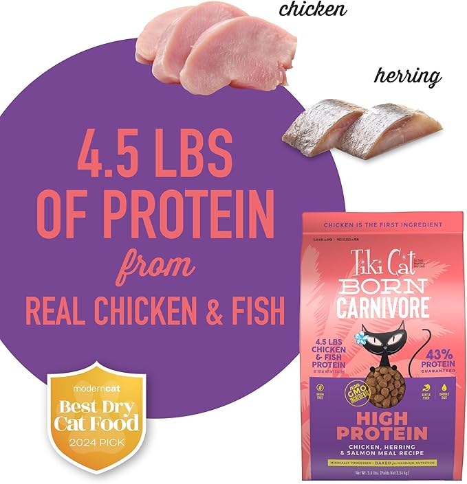 Tiki Cat Born Carnivore High Protein, Chicken, Herring & Salmon Meal, Grain-Free Baked Kibble to Maximize Nutrients, Dry Cat Food, 5.6 lbs. Bag