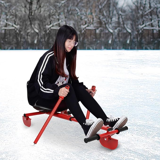 Adjustable Height Ice Skating Ski Sled Board for Kids, 360° Non-Slip Pedals & Support Stick, 176.4lbs Capacity Snow Slider - Red&Black