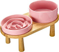 Ceramic Slow Feeder and Water Bowl Set for Medium and Large Dogs, Ceramic Dog Bowls Elevated with Wooden Stand, 2.0 Cups Dog Slow Feeder(30oz) and 70oz Water Bowl Set, Pink