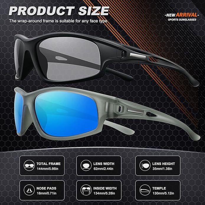 Polarized Sports Sunglasses for Men 100% UV Protection Wrap Around Unbreakable Sun Glasses for Fishing Driving