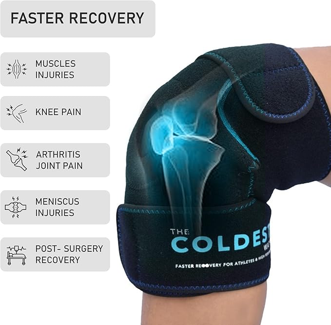 The Coldest Knee Ice Pack Wrap, Hot and Cold Therapy - Reusable Compression Best for Meniscus Tear, Injury Recovery, Bursitis Pain Recovery, Sprains, Swelling and Rheumatoid Arthritis