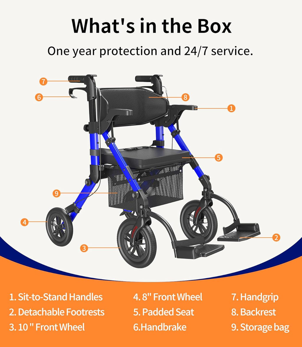 Transport-Wheelchair-Lightweight-Foldable, Walker Wheelchair Combo, Rollator-Walkers-for-Seniors-with-Seat, 2 in 1 Rolling Walker, 300lb Adults 4 Wheel Transport Chair w/Brakes & Pouch-FSA HSA