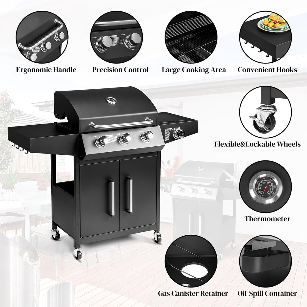 ROVSUN 3-Burner Propane Gas BBQ Grill with Side Burner & Enameled Cast Iron Grates, 46,000 BTU Barbecue Grill with Wheels for Outdoor Patio Backyard Cooking Grilling, Black