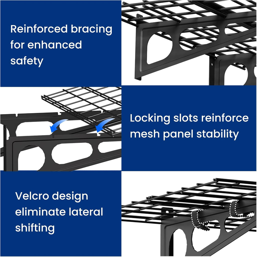 FLEXIMOUNTS 2-Pack 2x6ft Garage Shelving with Hooks, 24-inch-by-72-inch Wall Shelf Garage Storage Racks Floating Shelves, Black