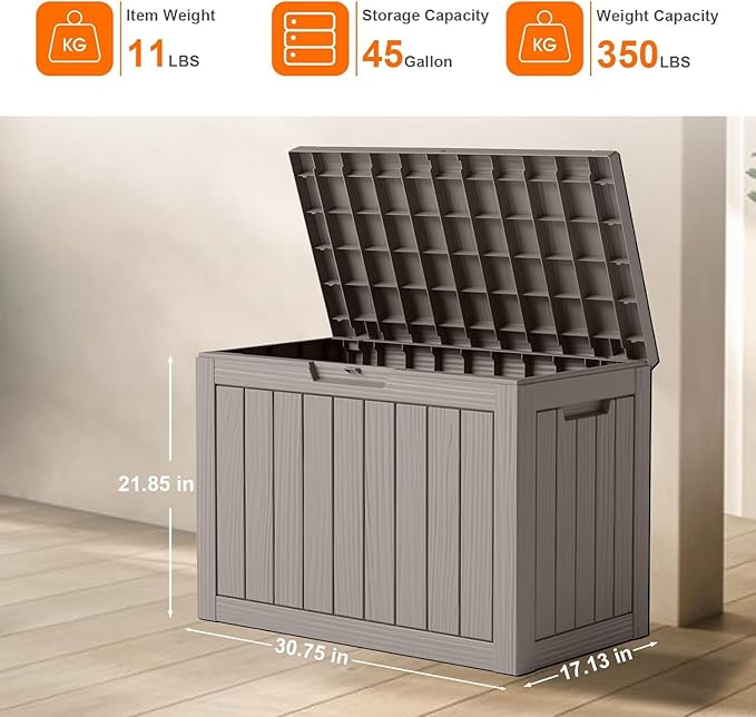 45 Gallon Deck Box,Resin Outdoor Storage Box with Lockable for Patio Furniture, Pool Accessories, Garden Tools Waterproof Outside Storage Box, Black
