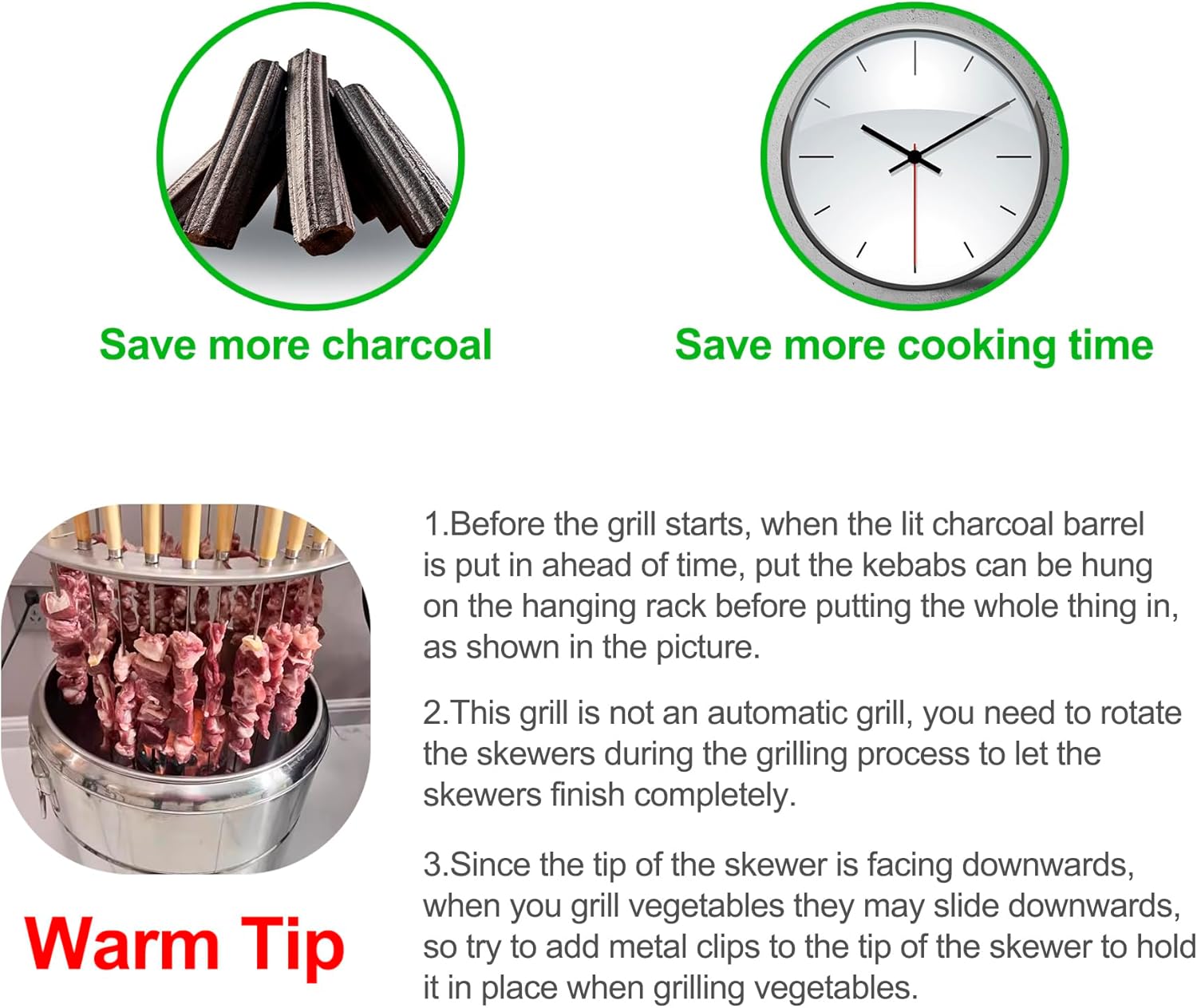 Portable Smokeless Barbecue Charcoal Barrel Grill, Stainless Steel Surround Charcoal kebab Grill with 28 Skewers and BBQ Grill Cooking Grate, Diameter 15.4 inch