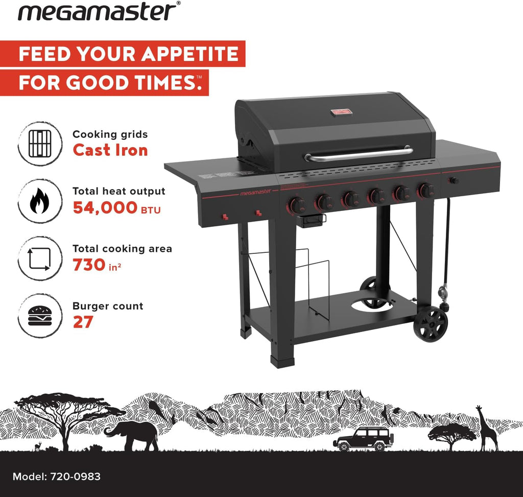 6-Burner Propane Barbecue Gas grill, Side Shelves With Hooks, for Camping, Outdoor Cooking, Patio, Garden Barbecue Grill, Open Cart With Side Tables, Black