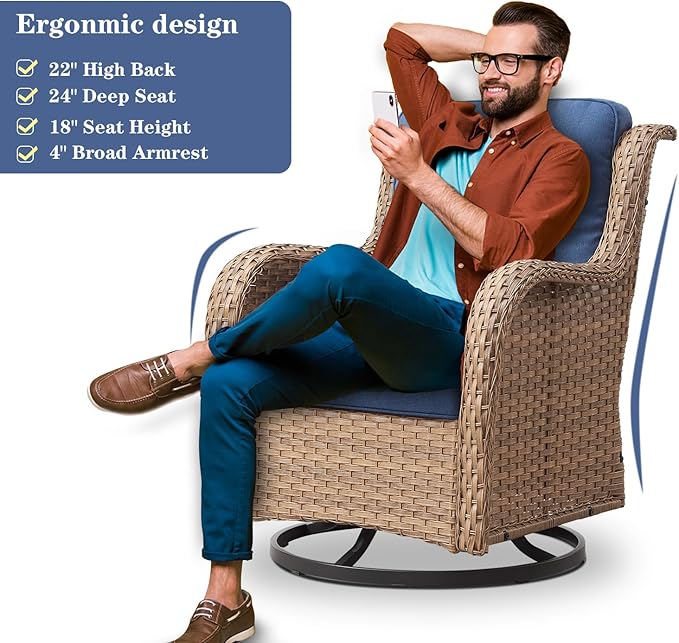 Wicker Outdoor Furniture Patio Furniture Set - 6 Piece Patio Conversation Set with Swivel Rocker Chairs, Rattan Sofa, Ottomans and Coffee Table, Blue Cushion