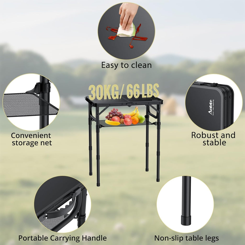 Folding Camping Table with Storage Net, Pure Black Aluminum 2ft Picnic Table 23.2" x 16" Outdoor Table Adjustable Height Max 27.5", Lightweight, Waterproof, Portable Handle for Travel Cooking