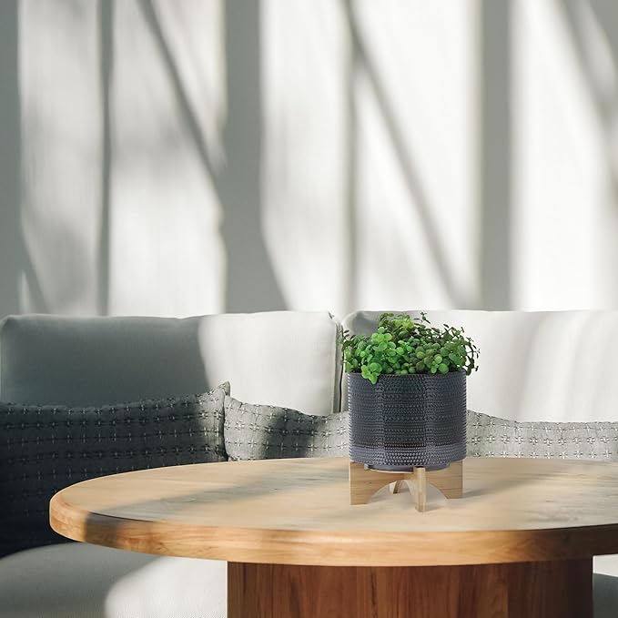 Sagebook Home 8" Ceramic Planter on Bamboo Wood Stand - Green Plant Stand with Contemporary Dotted Design - Indoor or Outdoor Plants and Succulents