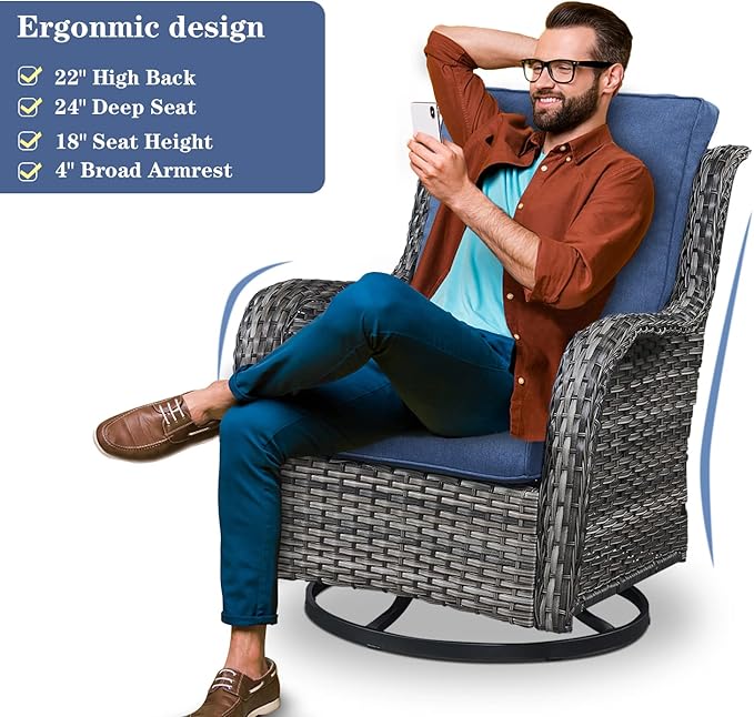 5 Piece Outdoor Patio Furniture Set - Wicker Furniture Patio Conversation Set, Outdoor Swivel Rocker Chairs with Loveseat Sofa and 2 Ottomans for Small Space, Blue Cushion