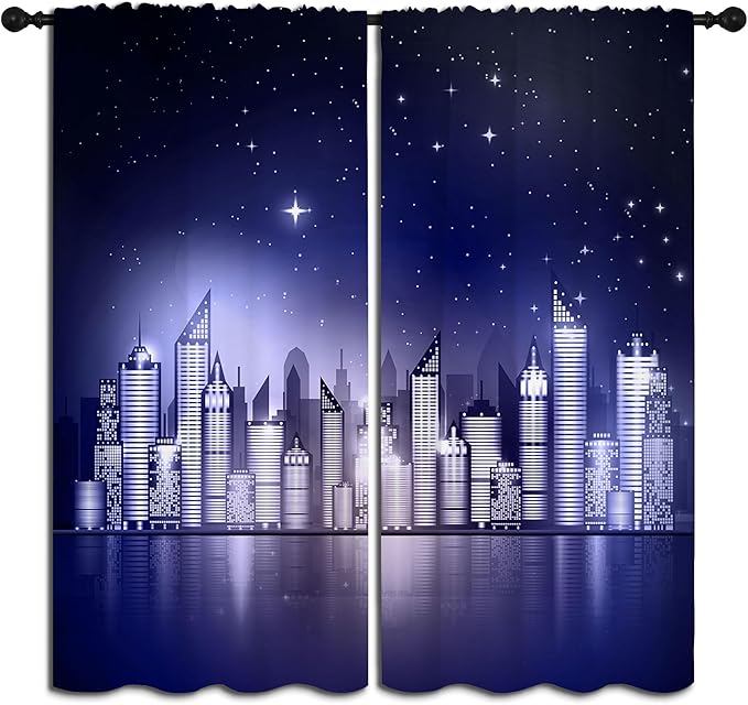 City Rod Pocket Blackout Curtains for Boy Girl Bedroom, New York Skyline Modern City Starry Sky Night View Thermal Insulated Home Window Drapes for Living Room Darkening, 72x63 inch