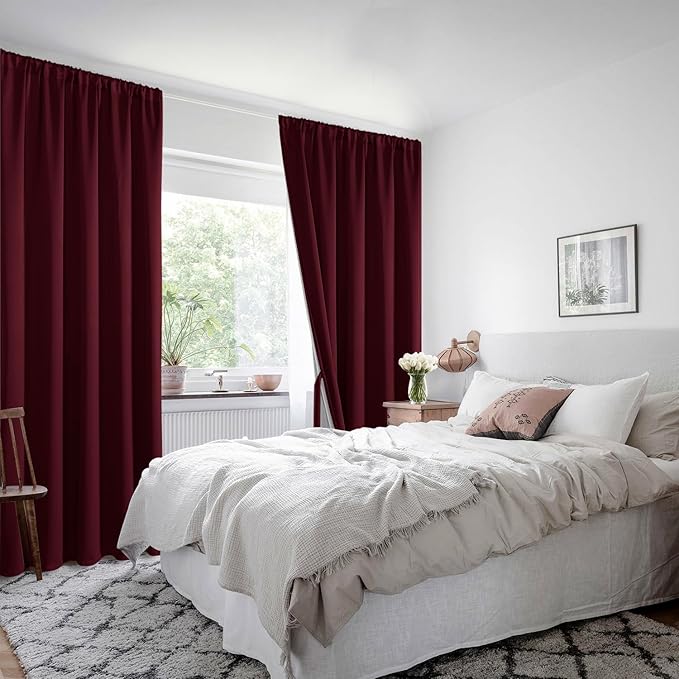 XWZO 100% Blackout Curtain Panels - Rod Pocket Thermal Insulated Black Liner Curtains, Noise Reducing and Heat Blocking Drapes for Hall and Studio Windows with Tiebacks, Burgundy, W42 x L63, Set of 2