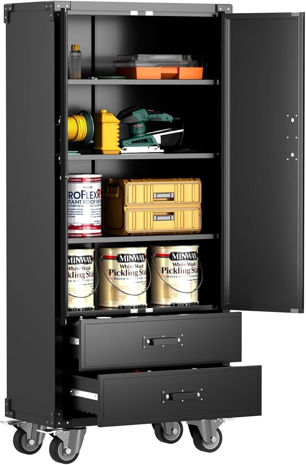 Metal Storage Cabinet with 2 Drawers, Garage Tool Cabinet on Wheels for Home Office Garage,Assembly Required,Black