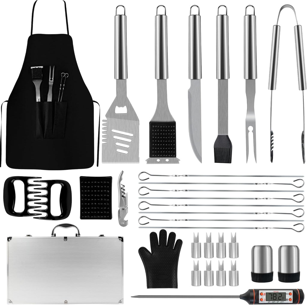 BBQ Accessories Grill Tools - Grilling Gifts for Men Dad, 32Pcs Heavy Duty Stainless Steel Barbecue Grill Accessories for Outdoor Grill with Aluminum Case and Apron, Dad Men Gifts for Christmas