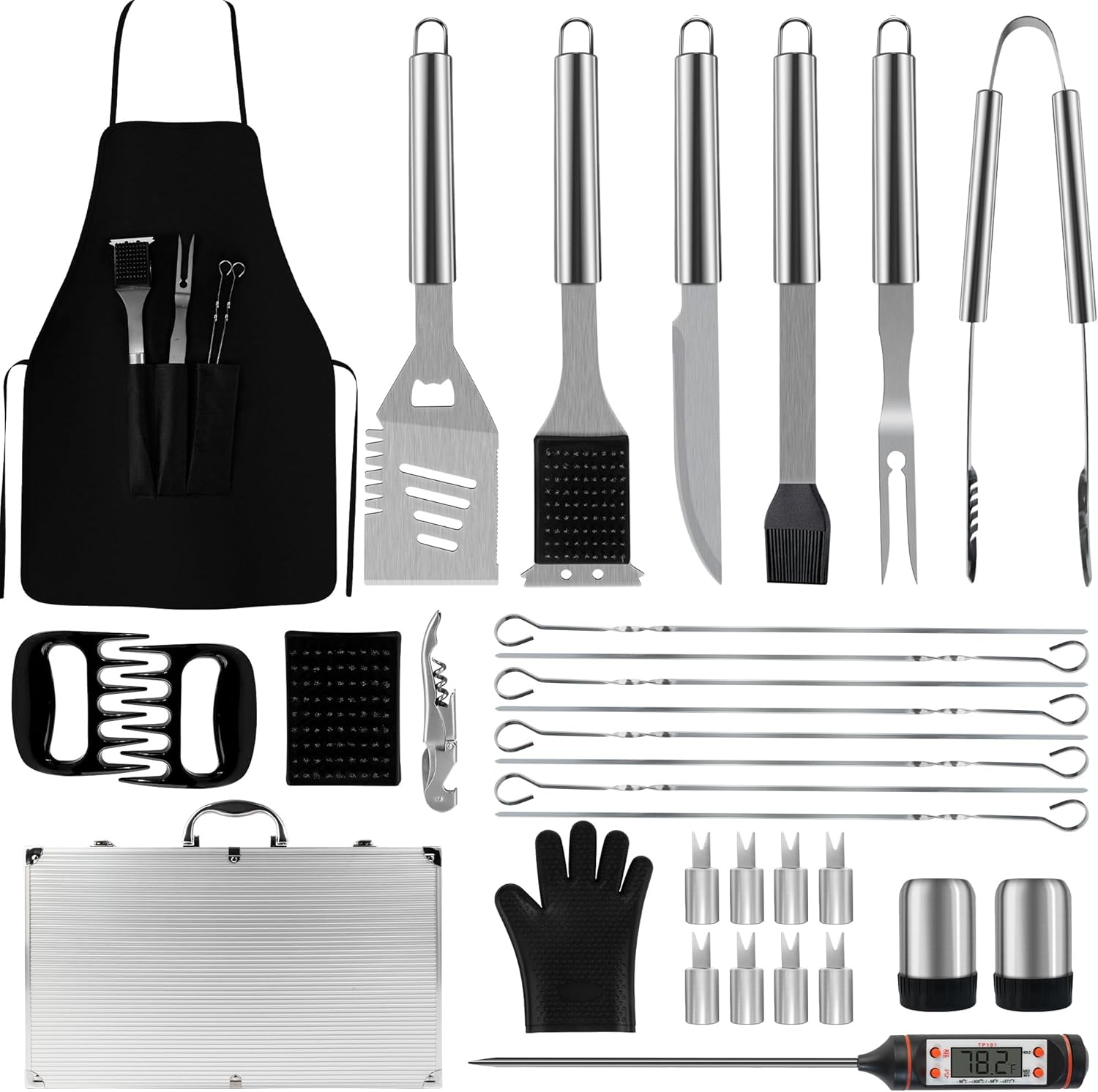 BBQ Accessories Grill Tools - Grilling Gifts for Men Dad, 32Pcs Heavy Duty Stainless Steel Barbecue Grill Accessories for Outdoor Grill with Aluminum Case and Apron, Dad Men Gifts for Christmas
