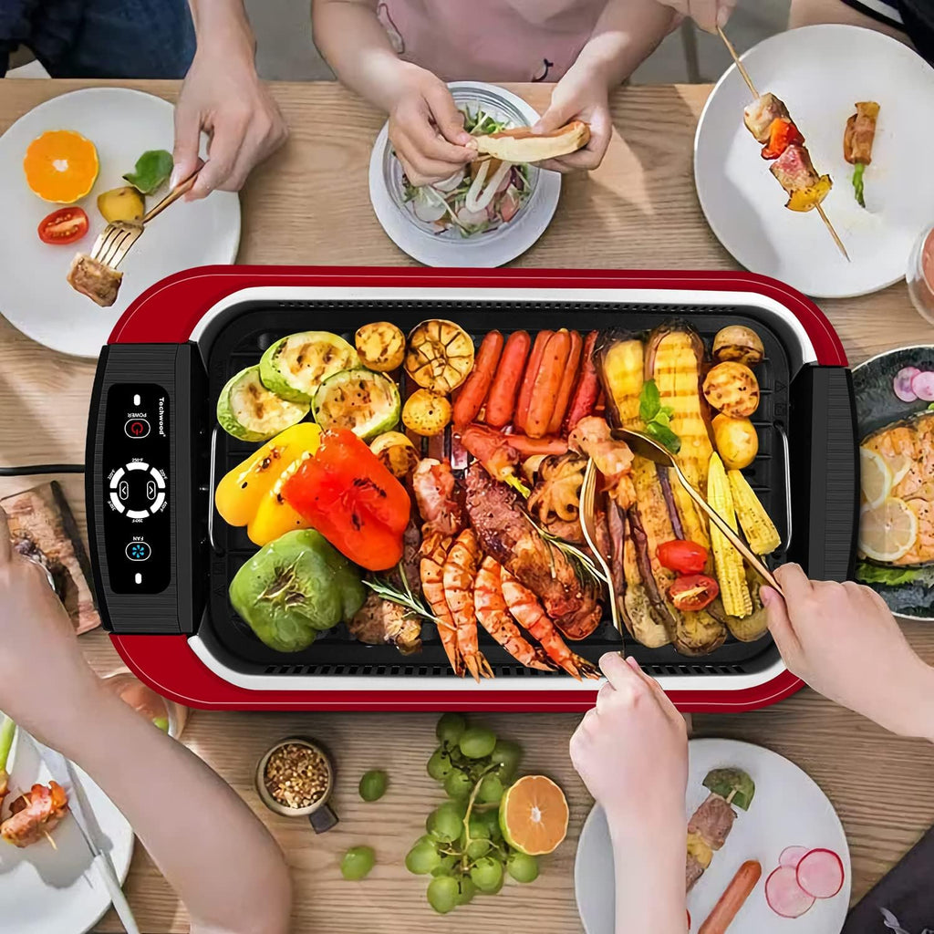 Techwood Smokeless Grill 1500W indoor Grill with Tempered Glass Lid, Compact & Portable Non-stick BBQ Grill, Turbo Smoke Extractor Technology, Drip Tray& Removable Plate