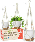 White Hanging Self Watering Pots with Macrame Ivory Rope, 3 Pack Indoor & Outdoor Hanging Plant Pots with Built-in Reservoir, Wick Rope, Drainage Holes & Hooks, Stylish Boho Decor Hanging Planter