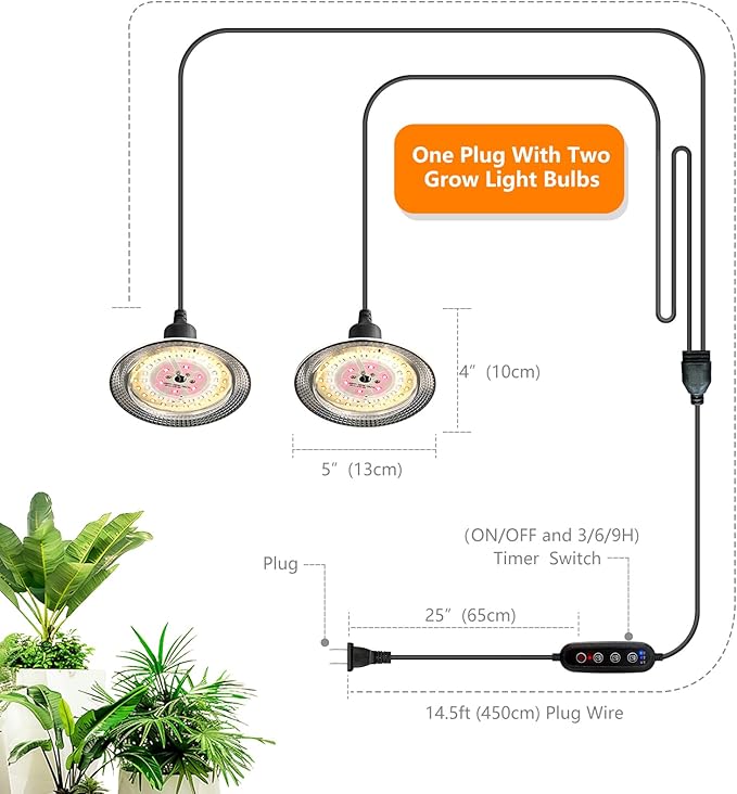 Grow Light Bulbs Indoor Plants Lights Adjustable Cord,Timer, Full Spectrum Plant Growing Lamp for Seedling,Greenhouse,Seedlings (1 Light (14.7ft))