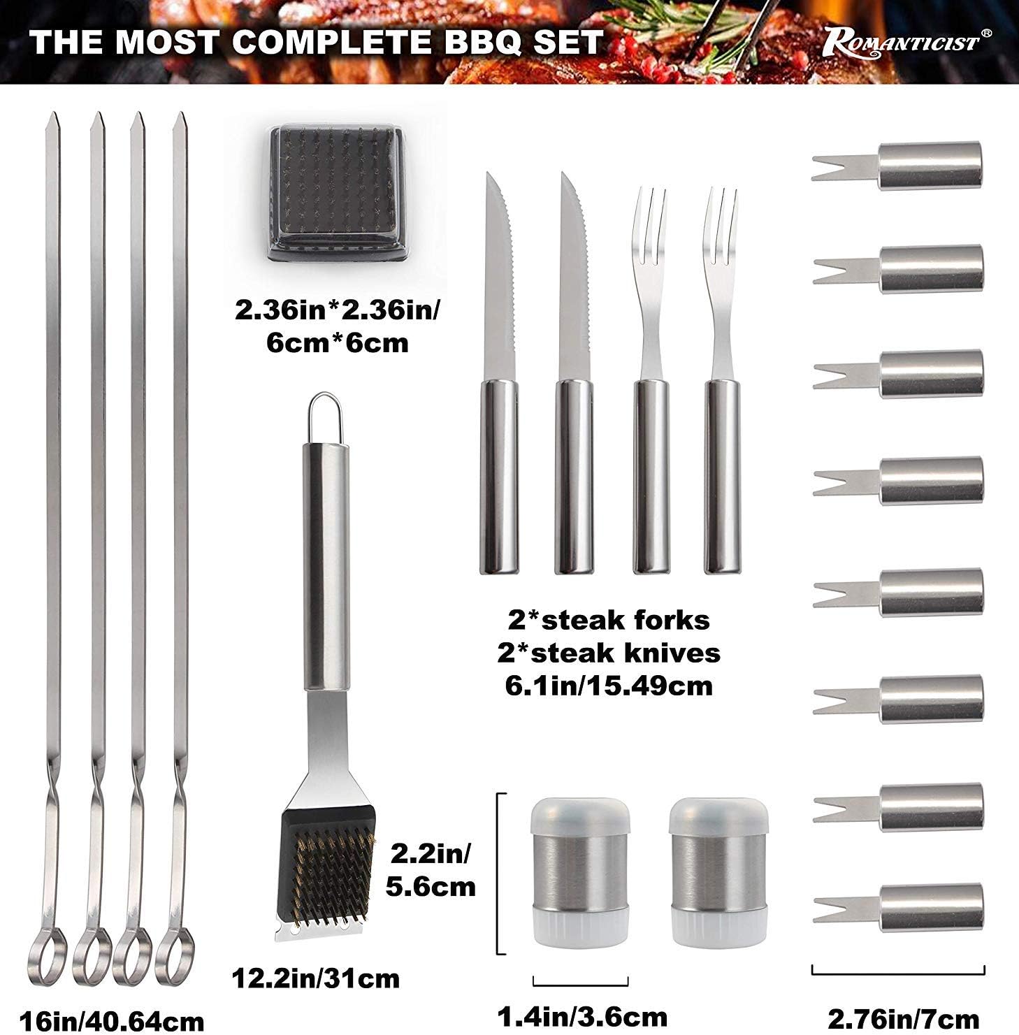 ROMANTICIST 28pcs BBQ Accessories Set with Thermometer - The Very Best Grill Gift on Birthday Wedding - Heavy Duty Stainless Steel Grill Set in Case for Outdoor Cooking Camping Grilling Smoking