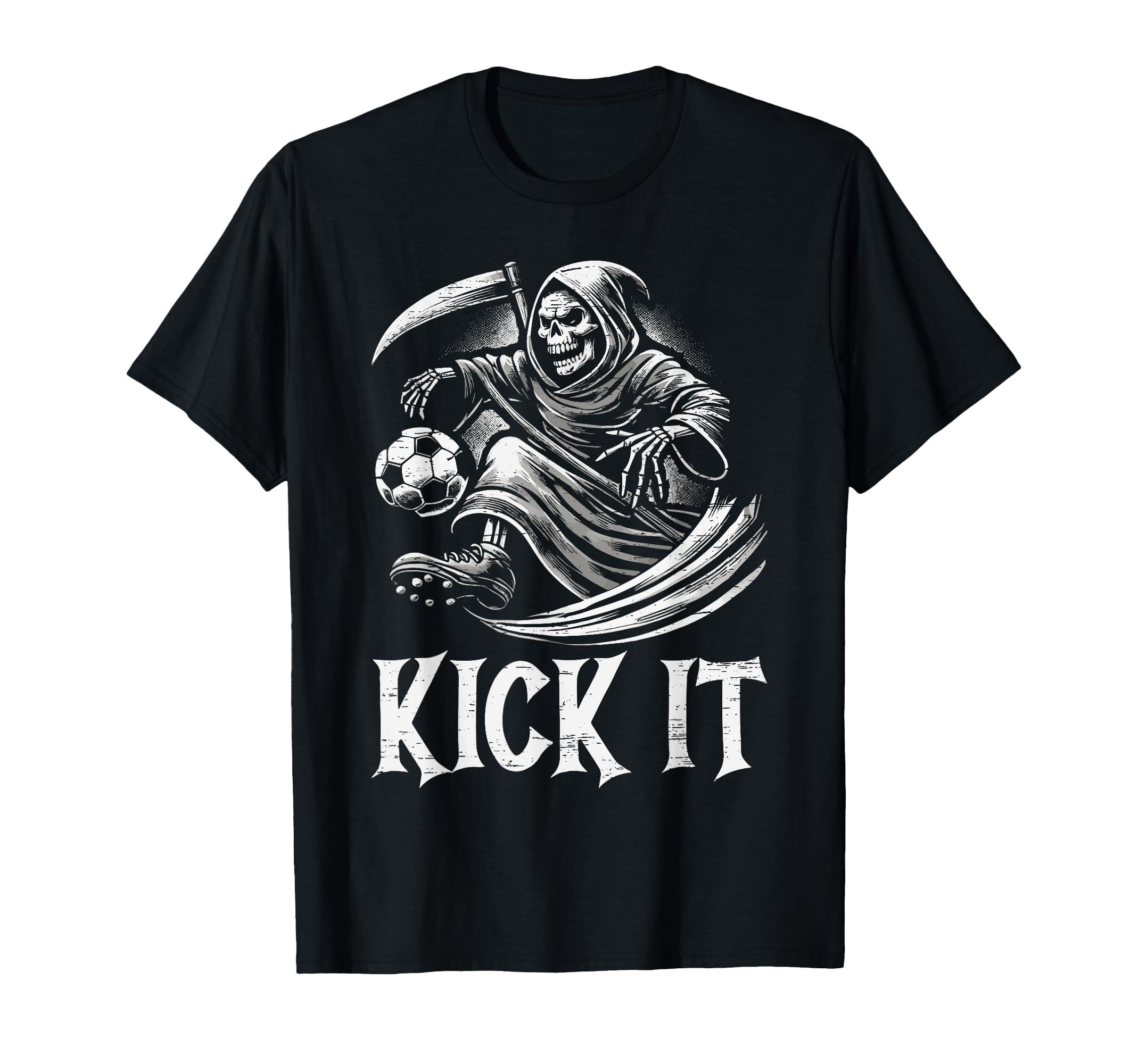 Kick It Grim Reaper Playing Soccer T-Shirt - Unique Graphic Men Women