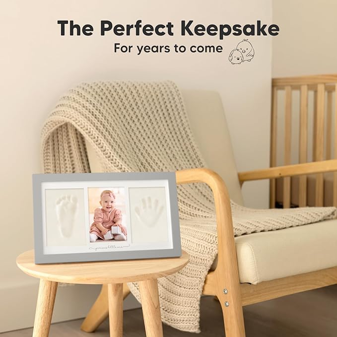 Baby Hand and Footprint Kit - Clay Handprint Keepsake Frame, Newborn Nursery Picture Frame, Personalized New Mom Gifts for Baby Shower & Registry (Cloud Gray)