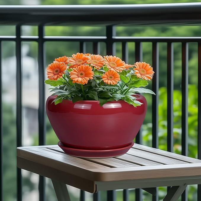 Ceramic Planter - 11 Inch Planter for Outdoor Plants Large Plant Pot Indoor with Drainage Hole and Saucer Round Modern Flower Pot Mid-Century Room Decor Red