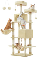 Feandrea Cat Tree, 66.1-Inch Large Cat Tower with 13 Scratching Posts, 2 Perches, 2 Caves, Basket, Hammock, Pompoms, Multi-Level Plush Cat Condo for Indoor Cats, Beige UPCT165M01