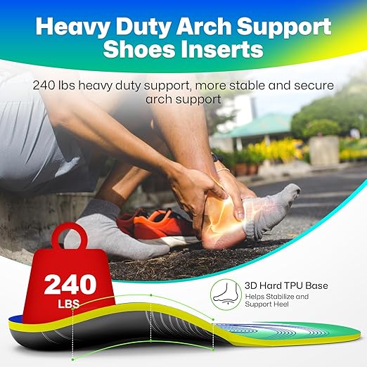 Upgraded Plantar Fasciitis Insoles, 240lbs Heavy Duty Work Boot Insoles for Men, Arch Support Orthotics Inserts, Athletic Gel Shoe Inserts for Pain Relief, Flat Feet, Standing All Day - S