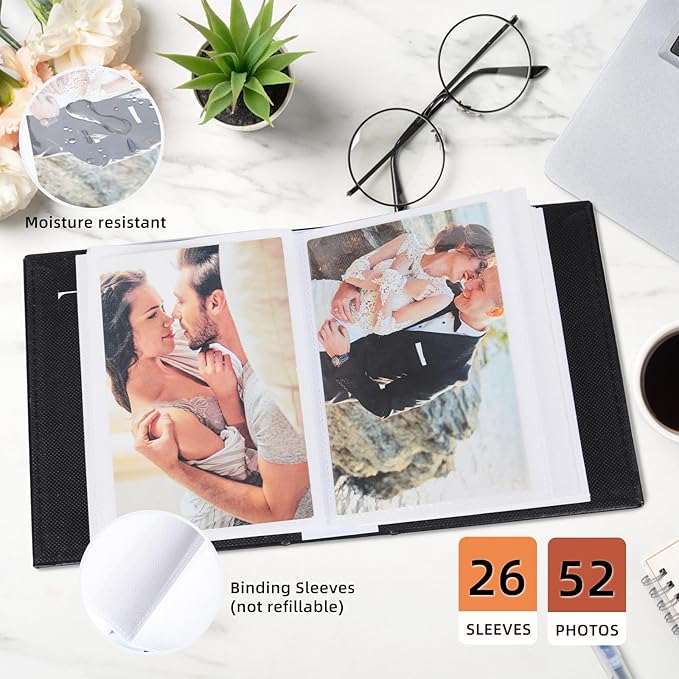 RECUTMS Small Photo Album 4x6 52 Photos, Leather Cover Mini Photo Book with Front Window Holds 52 Vertical Photos, for Artwork or Postcards Storage Wedding Family Baby Vacation(Dark Blue)