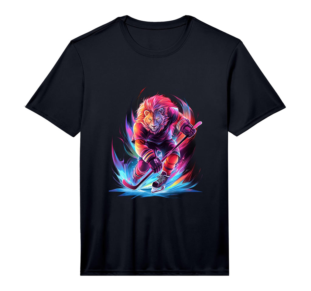 Lion Ice Hockey Player Hockey Stick T-Shirt - Graphic Print Unisex