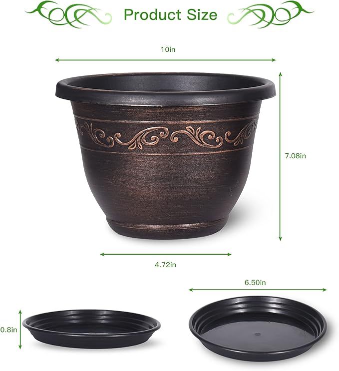 Plastic-Plant-Flower-Planters-10 Inch with Drainage Hole & Saucer, 3 Packs Lightweight Small Resin Flower Pot Indoor Outdoor, Retro Antique Imitation Decorative Garden Containers Sets for Houseplants