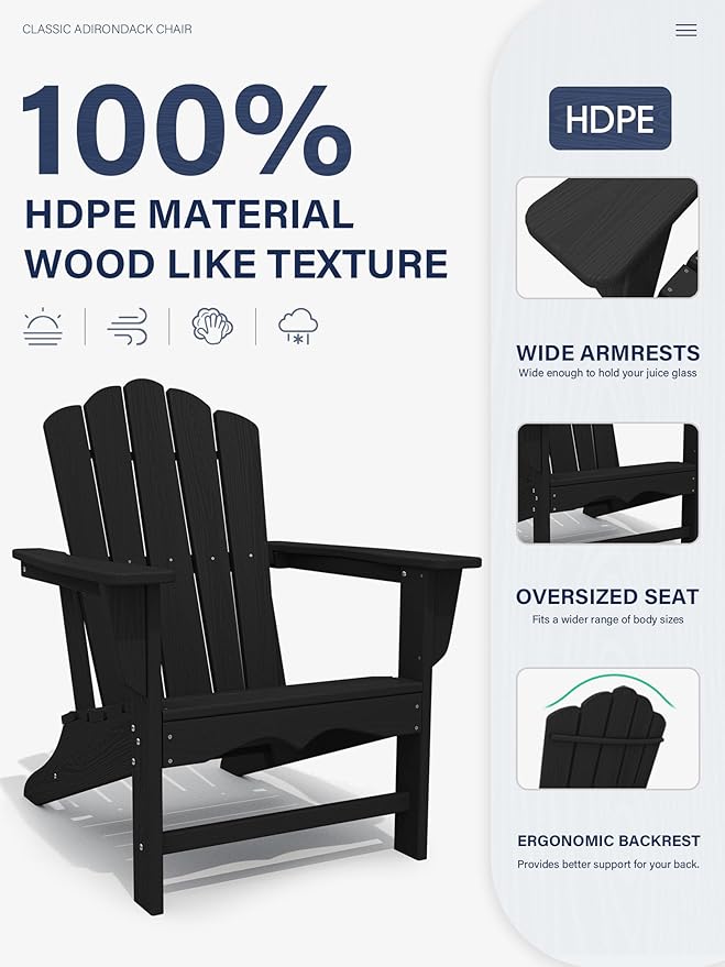 KINGYES HDPE Adirondack Chair, Classic All-Weather Adirondack Chair Set of 4, Black