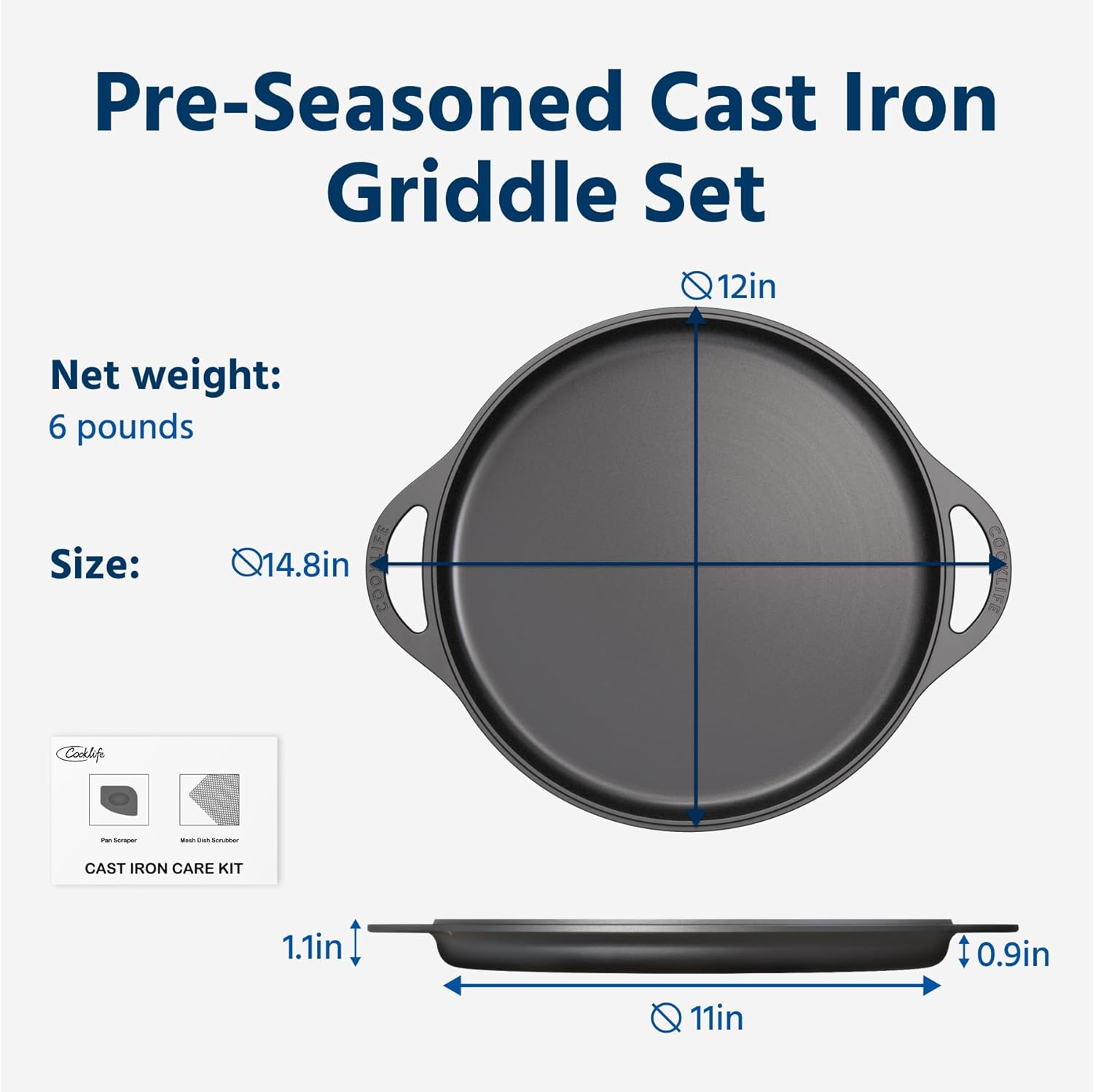 COOKLIFE 12 Inch Lightweight Pre-Seasoned Cast Iron Griddle - Smooth Polished Surface, Easy to Clean Cast Iron skillets Use in the Oven, on the Stove or Grill, Over a Campfire