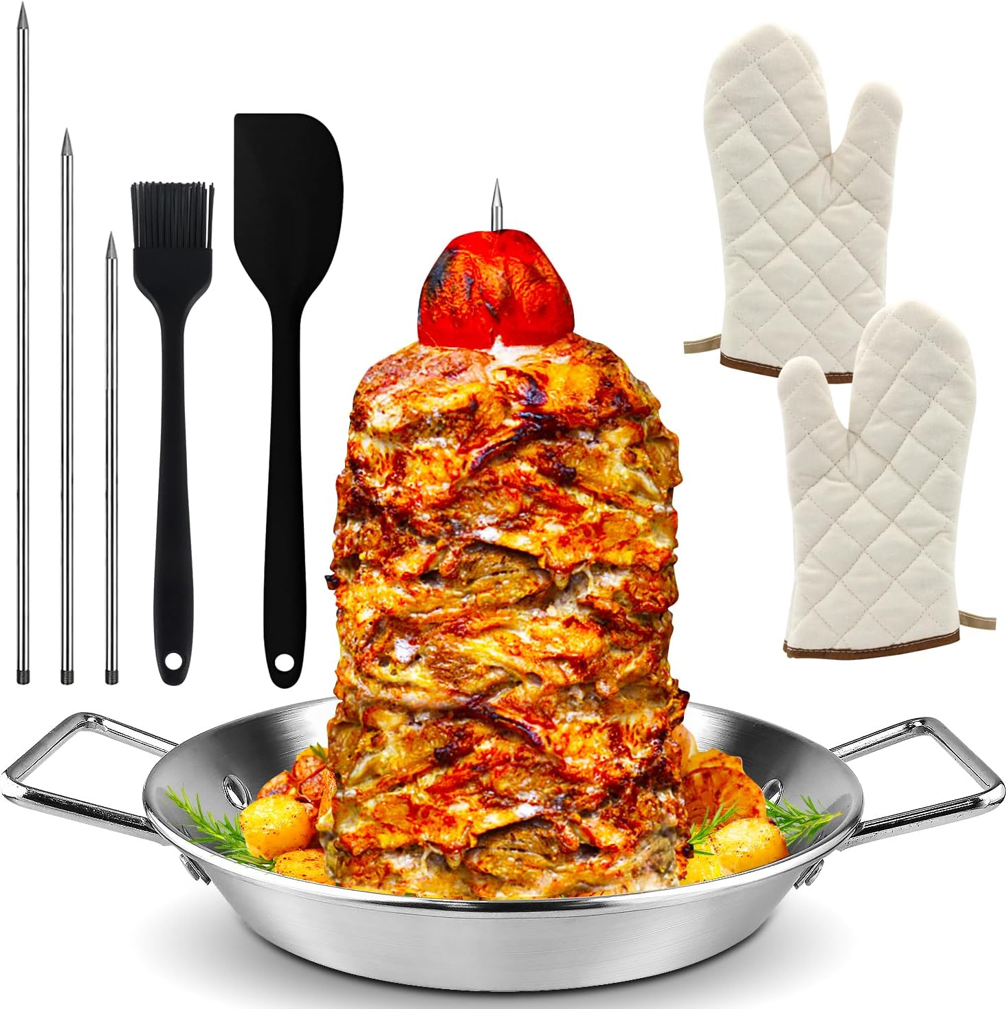 Al Pastor Skewer for Grill -Vertical Barbecue Stand Al Pastor, Kebabs, Shawarma, Gyros, with 10.5 inch base plate and 3 detachable sharp barbecue accessories (8”/10"/12”)& Brushes，Barbecue gloves