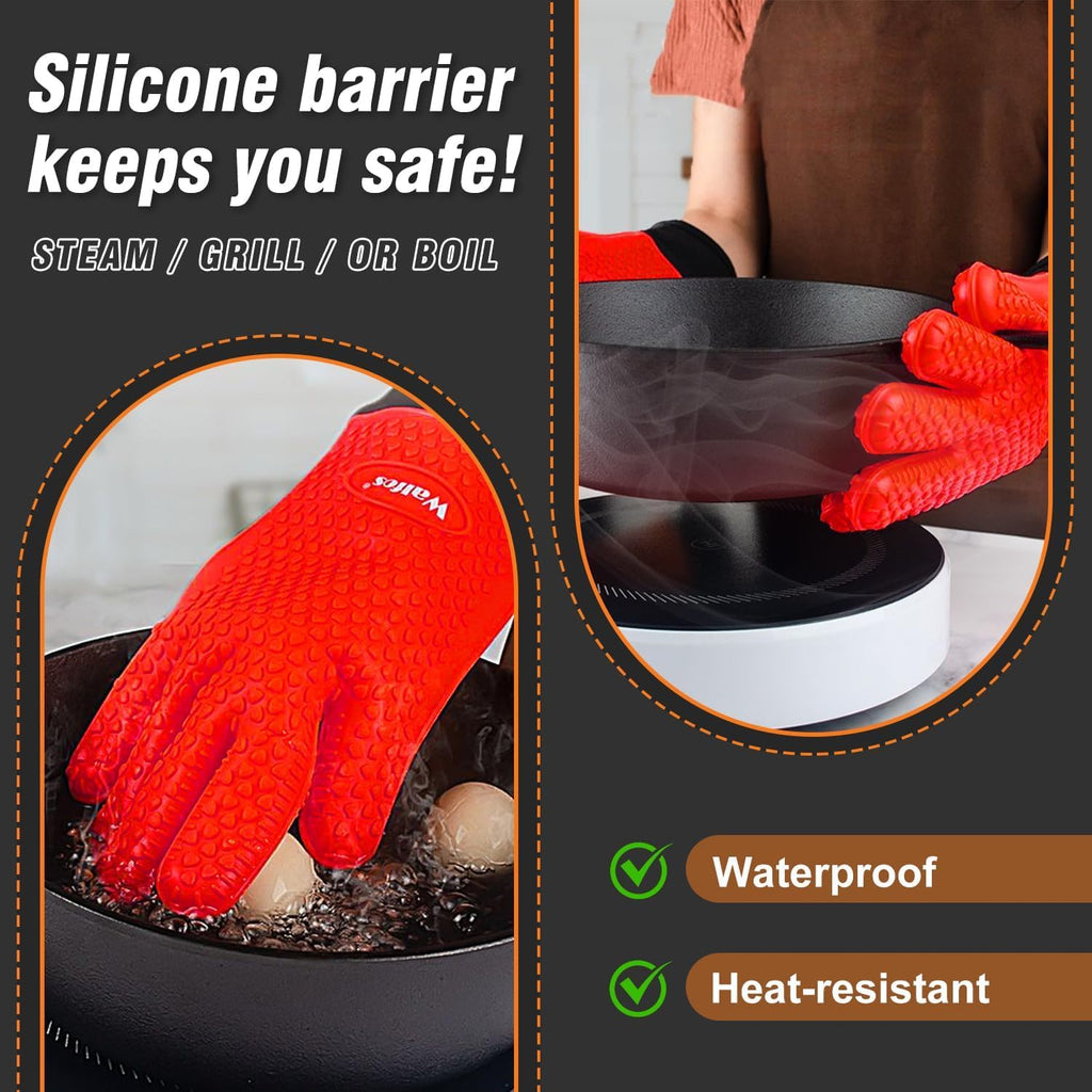 Walfos Silicone BBQ Gloves - Heat Resistant Grilling Gloves Set with Pork Shredder Claws & Brush, Non-Slip Kitchen Silicone Oven Mitt with Protective Cotton Layer, Suit for Indoor & Outdoor, Red