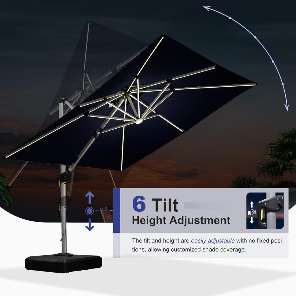 PURPLE LEAF 9 Feet Double Top Deluxe Solar Powered LED Square Patio Umbrella Offset Hanging Umbrella Outdoor Market Umbrella Garden Umbrella, Navy Blue