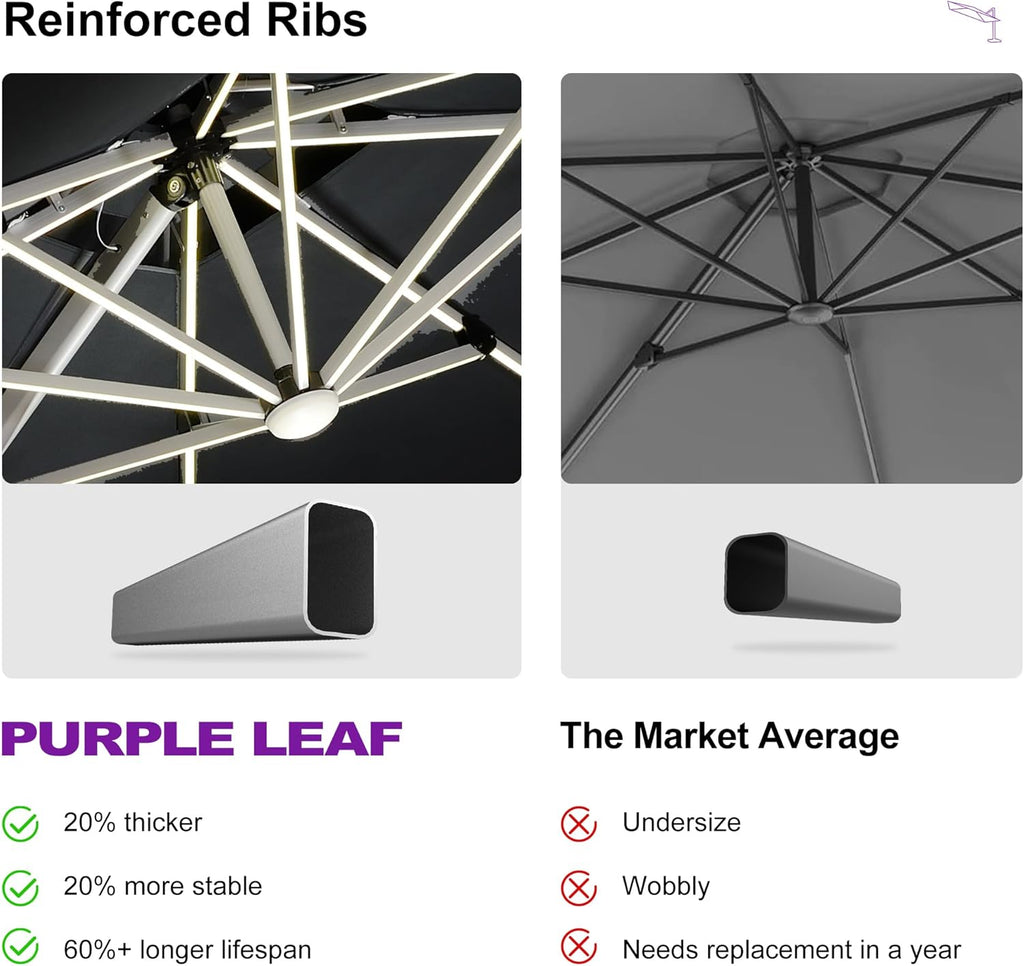 PURPLE LEAF 9 Feet Double Top Deluxe Solar Powered LED Square Patio Umbrella Offset Hanging Umbrella Outdoor Market Umbrella Garden Umbrella, Black