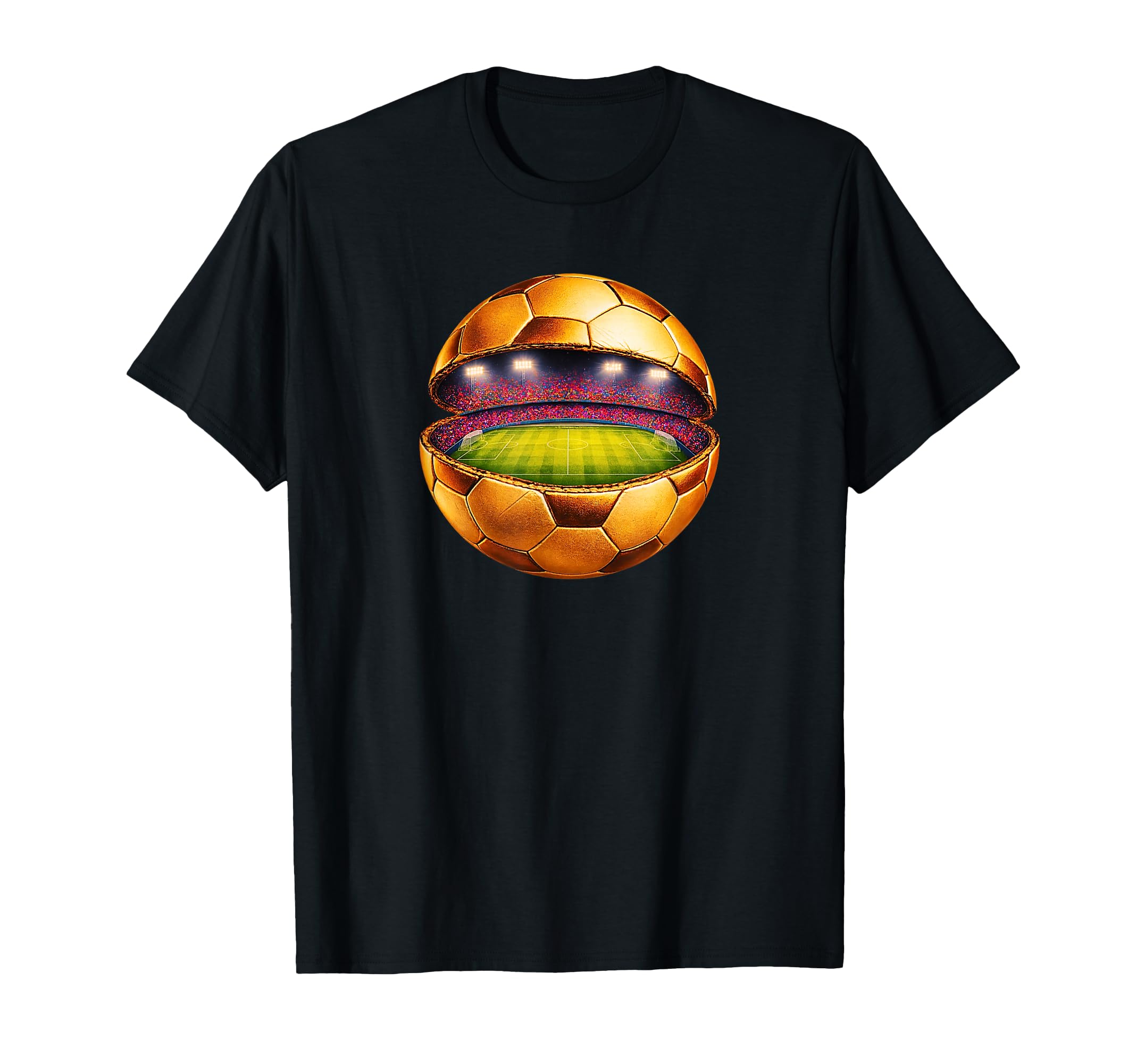 Gold Soccer Stadium Inside Ball Soccer T-Shirt - Graphic Print for Adults