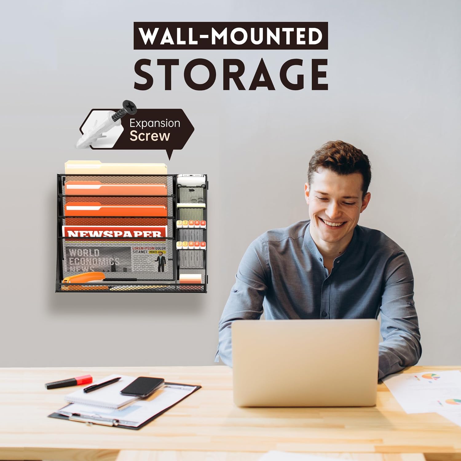 SUPEASY Wall File Organizer, 5-Tier Desk Organizer with 4 Pen Holders, Wall Organizer for Office with R-shaped Bottom Tray, Desk Organizers and Accessories for Office Supplies, Black