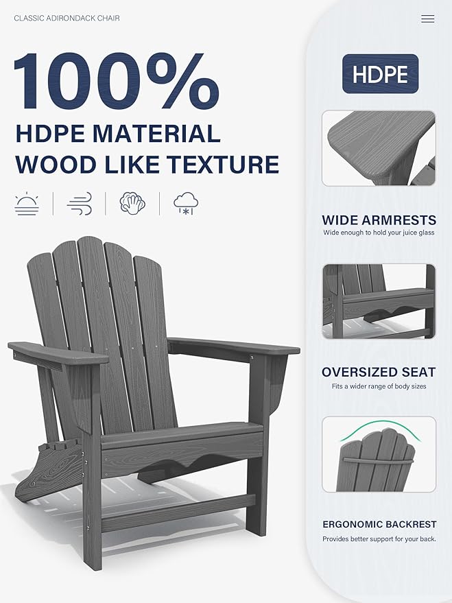 KINGYES HDPE Adirondack Chair, Classic Oversize Adirondack Chair, Grey
