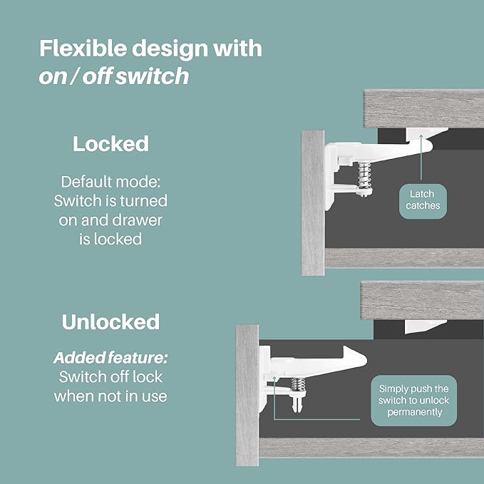 Inaya Cabinet Locks Child Safety Latches - Baby Proofing Cabinets & Drawers Locks - Child Proof Your Home - No Drilling & No Tools Required! (12 Pack - Extended Length Version)