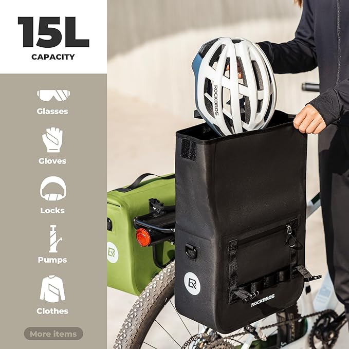 ROCKBROS Bike Panniers 15L Capacity Waterproof Bike Rack Bag Bicycle Panniers for Cycling Commuting Bikepacking Green 2PCS