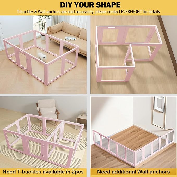 23.6“H 2PCS Extension Kit - Door+Panel, T-Buckles for Compartment, Expandable Clear Dog Play Pen Acrylic Dog Playpen Indoor,for Puppy Cat Bunny Small & Medium Dogs (Pink-23.6" H, 2PCS)