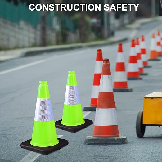 OrangeStar 4-Pack 18" Traffic Cones with Weighted Rubber Base, 6" Reflective Collar, Green Safety Cones for Parking Lot, Road Construction, Warehouse, Highway, Weatherproof PVC