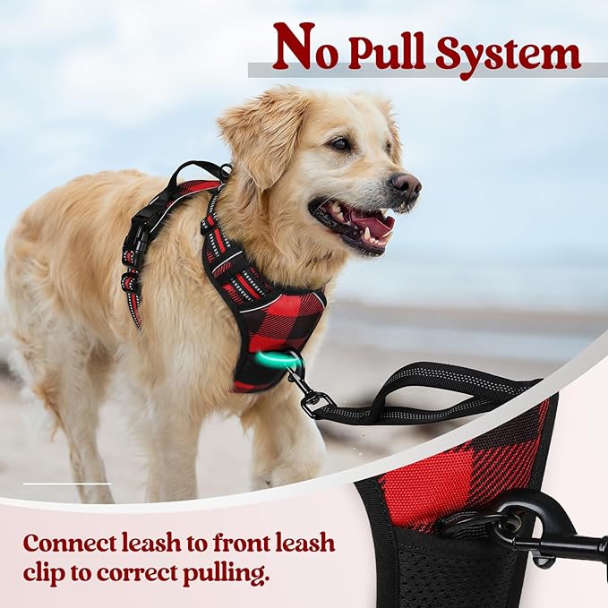 rabbitgoo Dog Harness No Pull with 2 Leash Clips, Adjustable Soft Padded, Reflective Oxford No Choke Pet Vest with Easy Control Handle for Medium Sized Dogs, Red Plaid, M